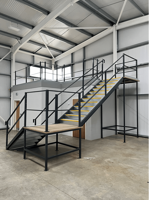 Mild steel General Access stairs with mid and top landings - easy access industrial staircase with handrail - ATC Installations